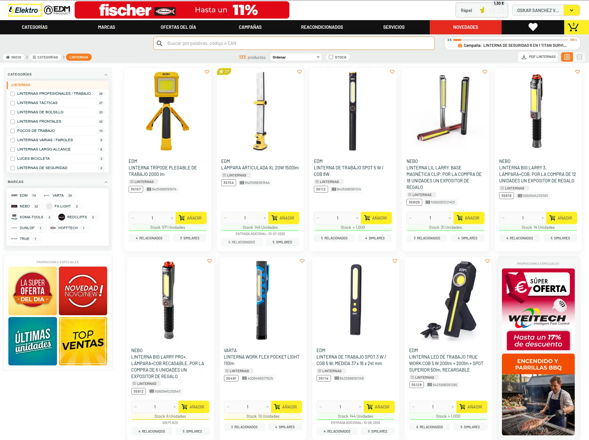 Listado de producto con stock y precios