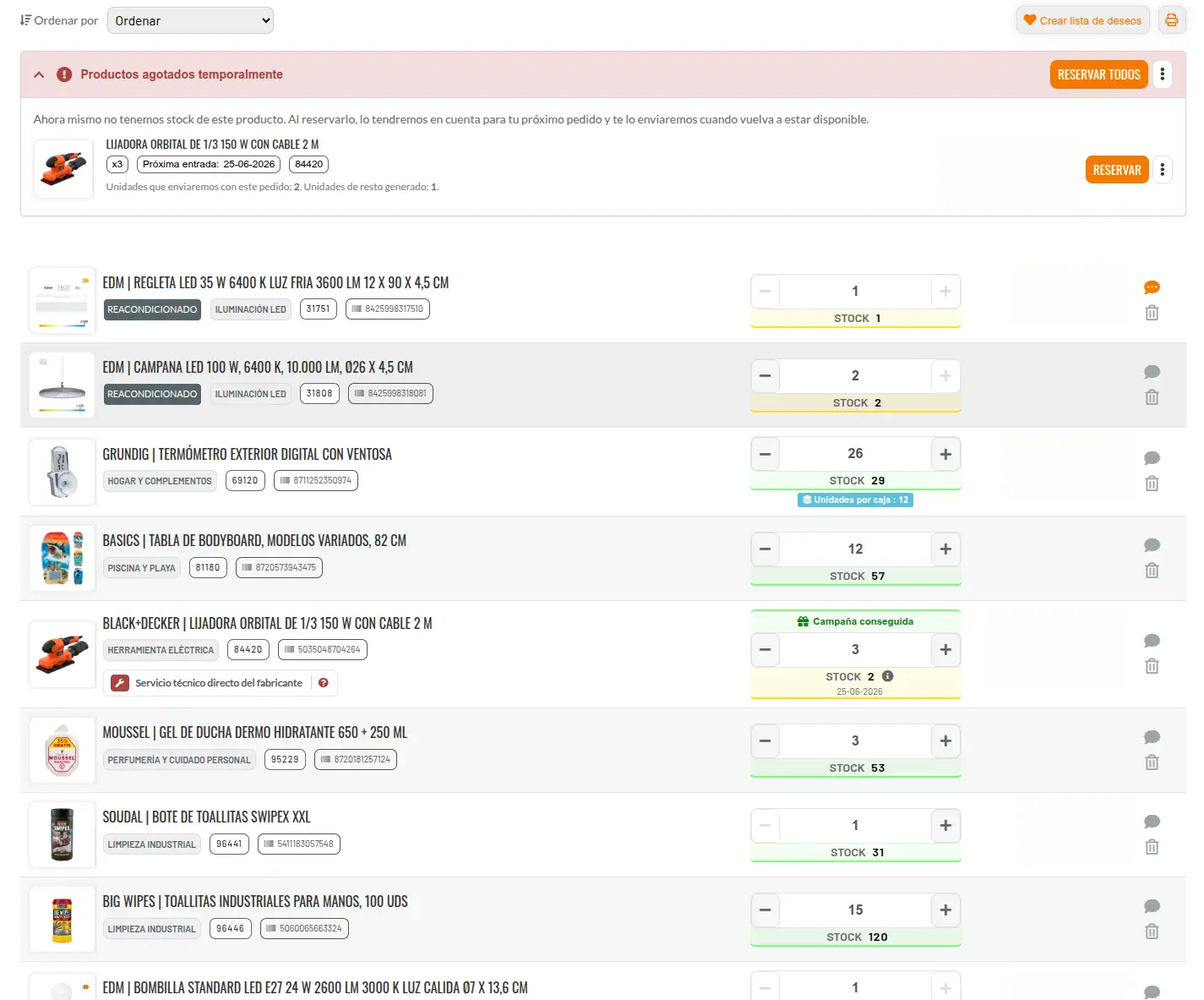 Cesta de la compra con reservas, stock y precios por producto
