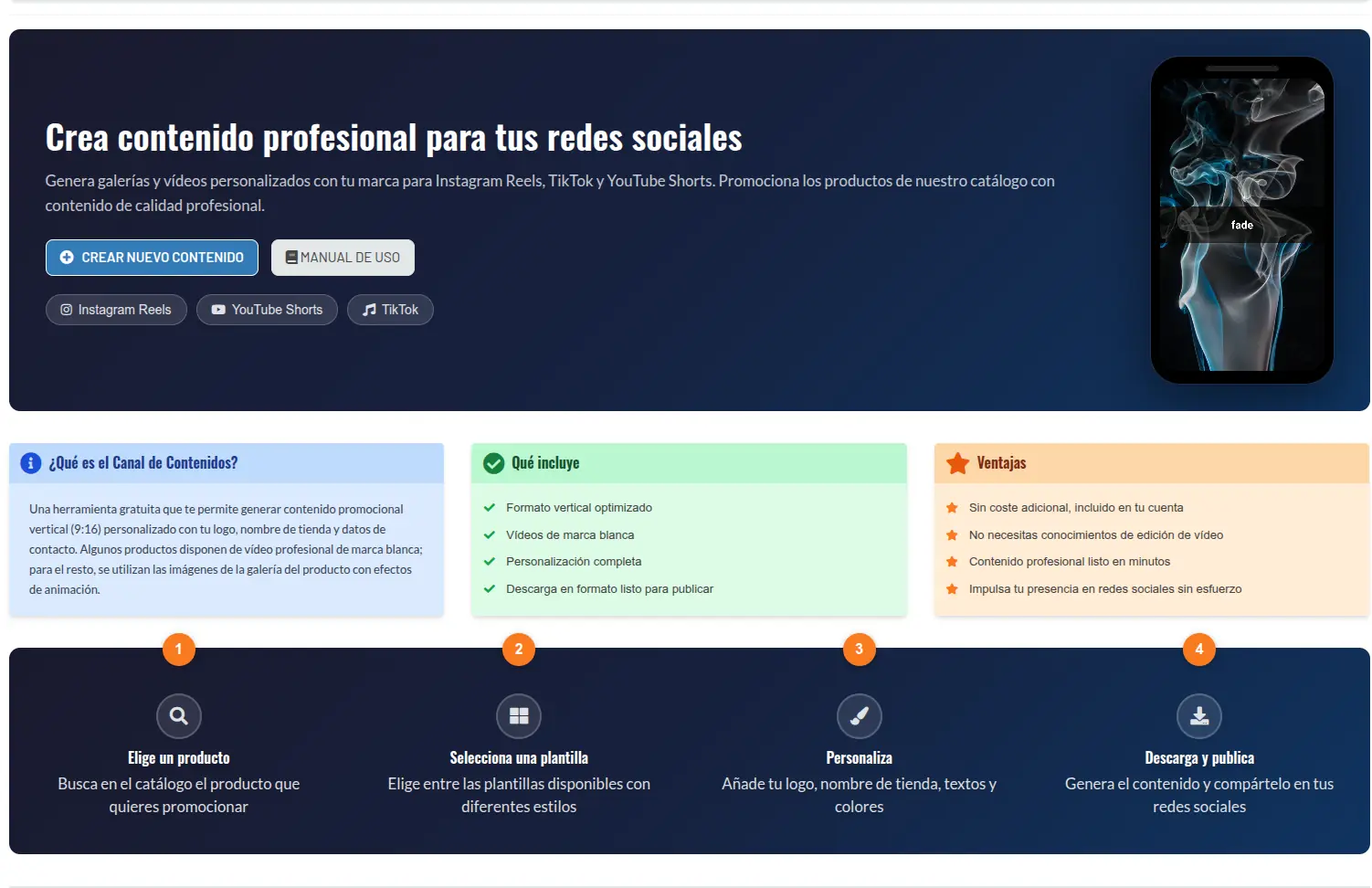 Canal de contenidos: genera galerías y vídeos verticales de marca para redes sociales